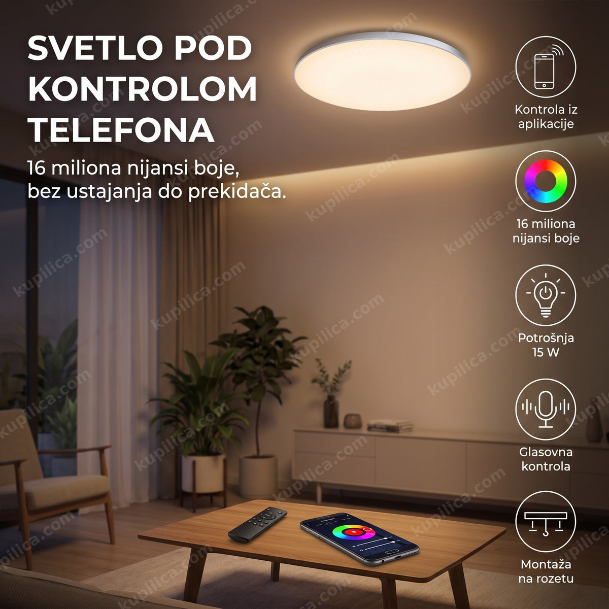 pametna led plafonjera sa daljinskim osvetljava modernu dnevnu sobu, benefiti proizvoda