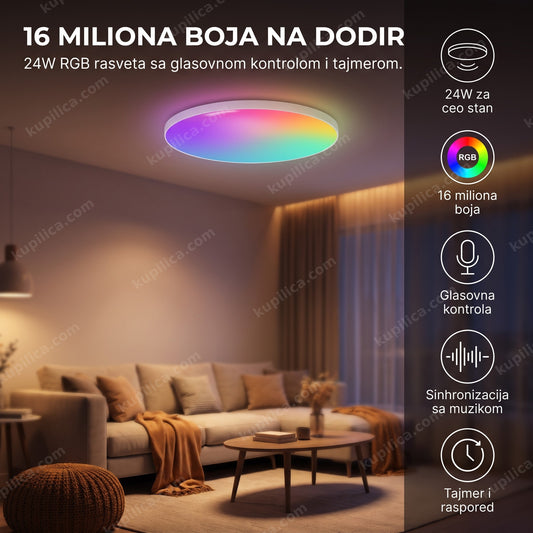 pametna led plafonska lampa sa rgb svetlom u dnevnoj sobi, prikaz benefita proizvoda