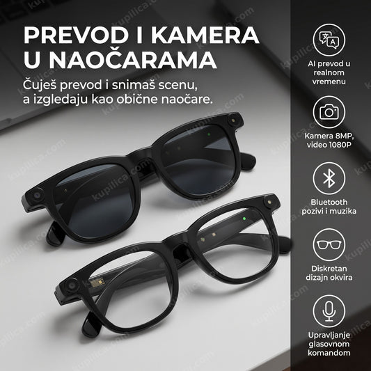 crne pametne naočare sa kamerom, dve varijante stakala na stolu