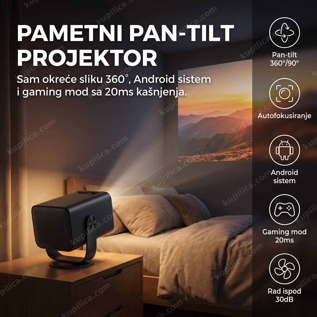 Pametni pan-tilt projektor u spavaćoj sobi projektuje pejzaž na zid, prikaz benefita
