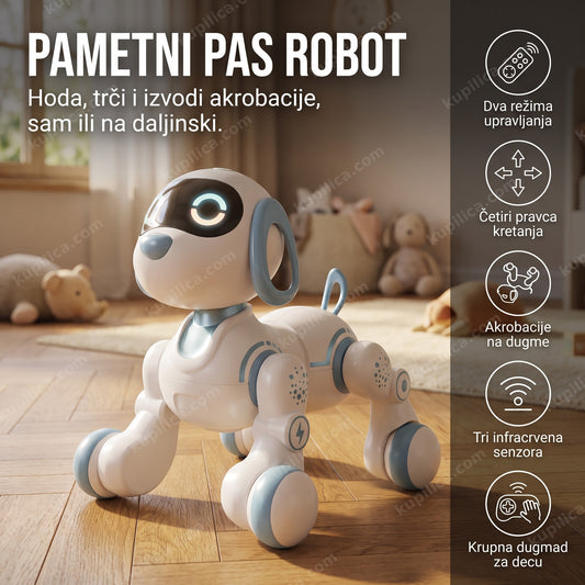 pametni pas robot za decu na parketu u dečjoj sobi sa prikazom benefita proizvoda