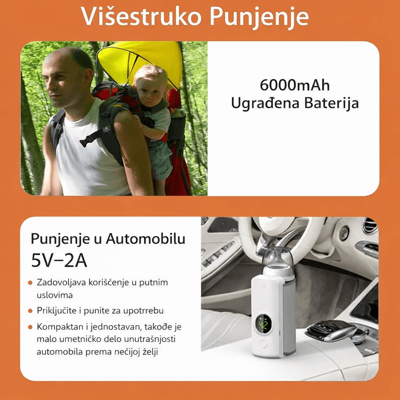 grejač za flašice sa baterijom 6000 mAh, nošenje u ranac i punjenje u autu