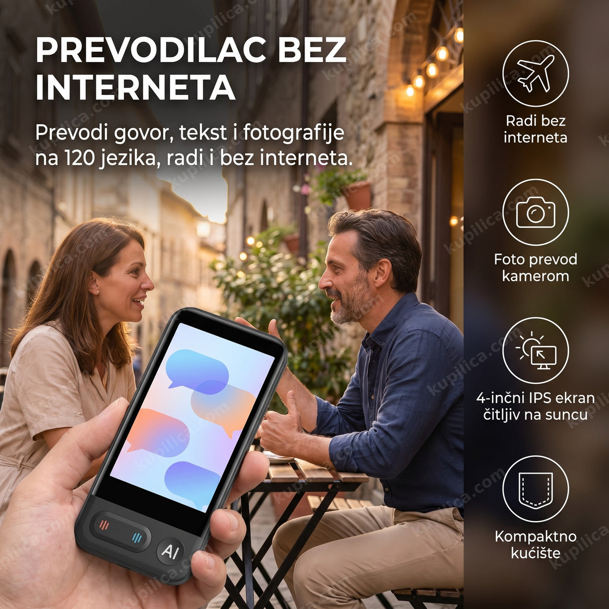 pametni prevodilac sa chatgpt integracijom u razgovoru dve osobe za stolom, benefiti proizvoda