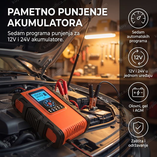 pametni punjač akumulatora 12/24V priključen na akumulator ispod haube automobila