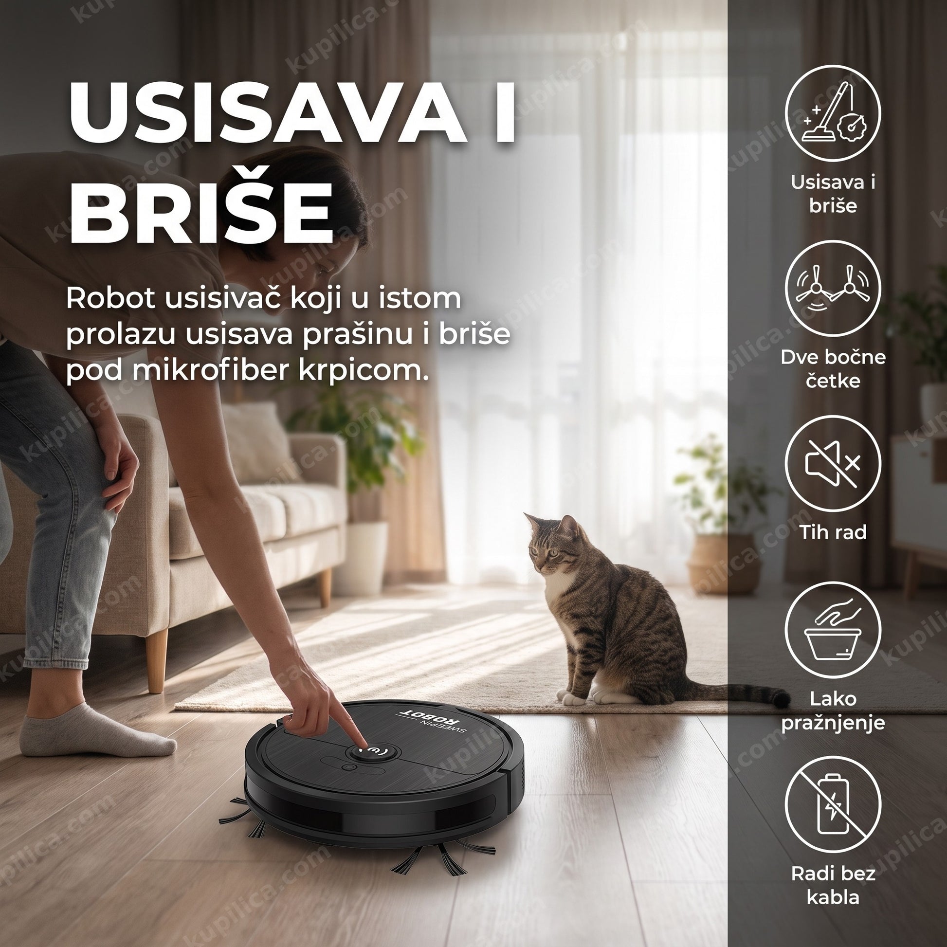 Pametni robot usisivač sa krpom za brisanje, crni — usisava i briše pod, benefiti proizvoda