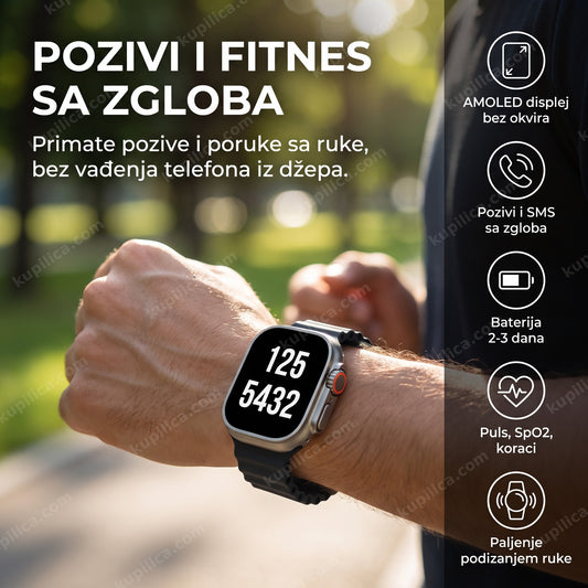 Pametni sat sa AMOLED displejem na ruci trkača tokom trčanja u parku
