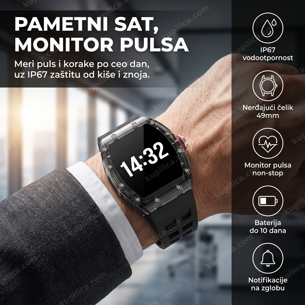 Pametni sat sa monitorom pulsa na muškom zglobu u poslovnom okruženju