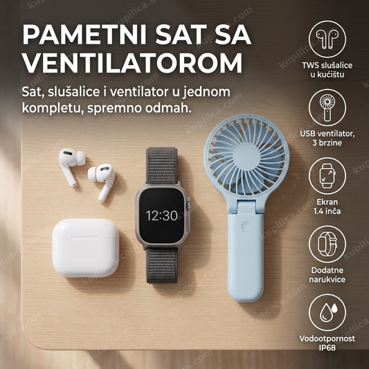 Pametni sat, TWS slušalice i ventilator postavljeni na stolu, prikaz benefita proizvoda
