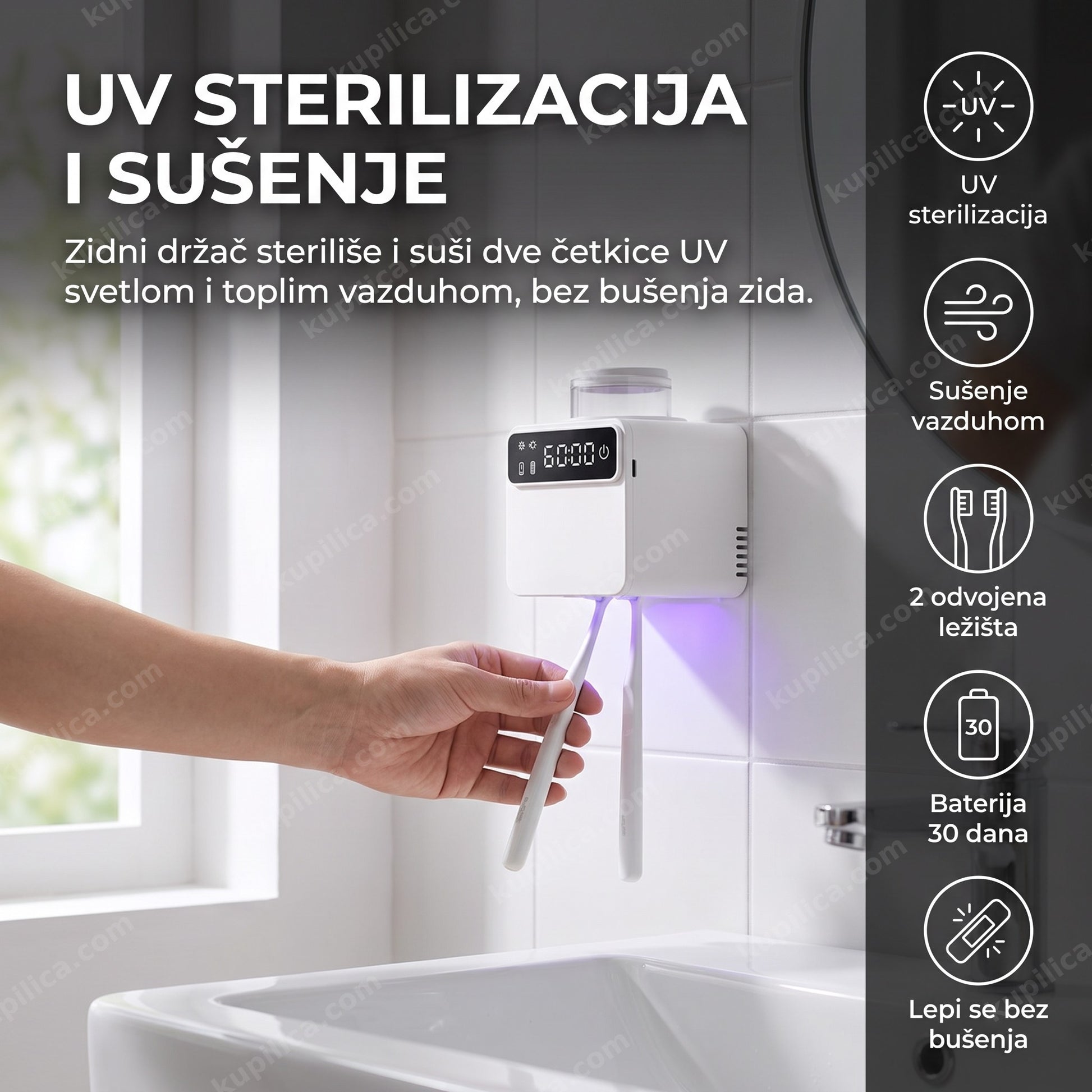 Pametni UV sterilizator za četkice sa sušenjem, 2 ležišta — benefiti proizvoda