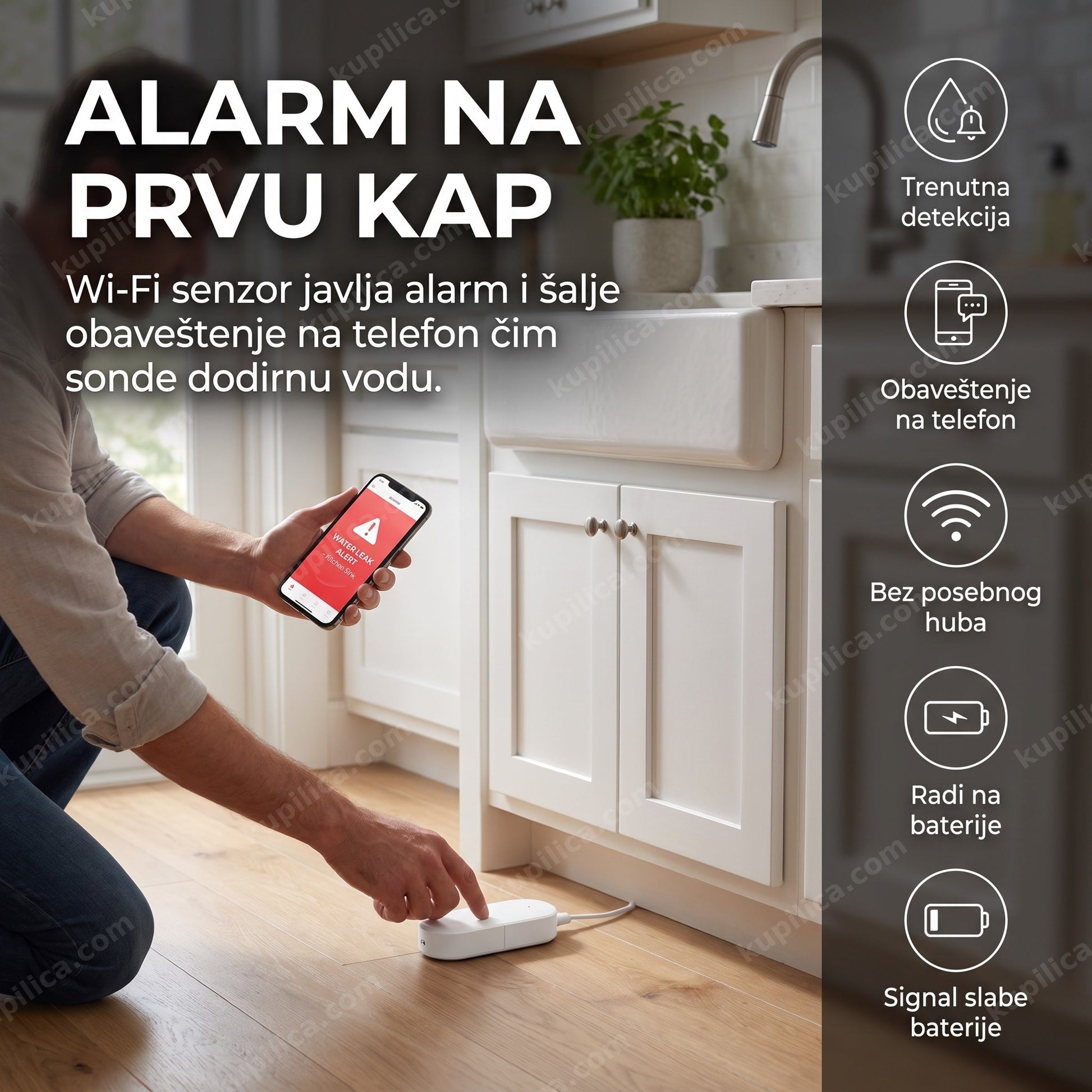 Pametni Wi-Fi senzor curenja vode sa alarmom — obaveštenje na telefon, benefiti proizvoda
