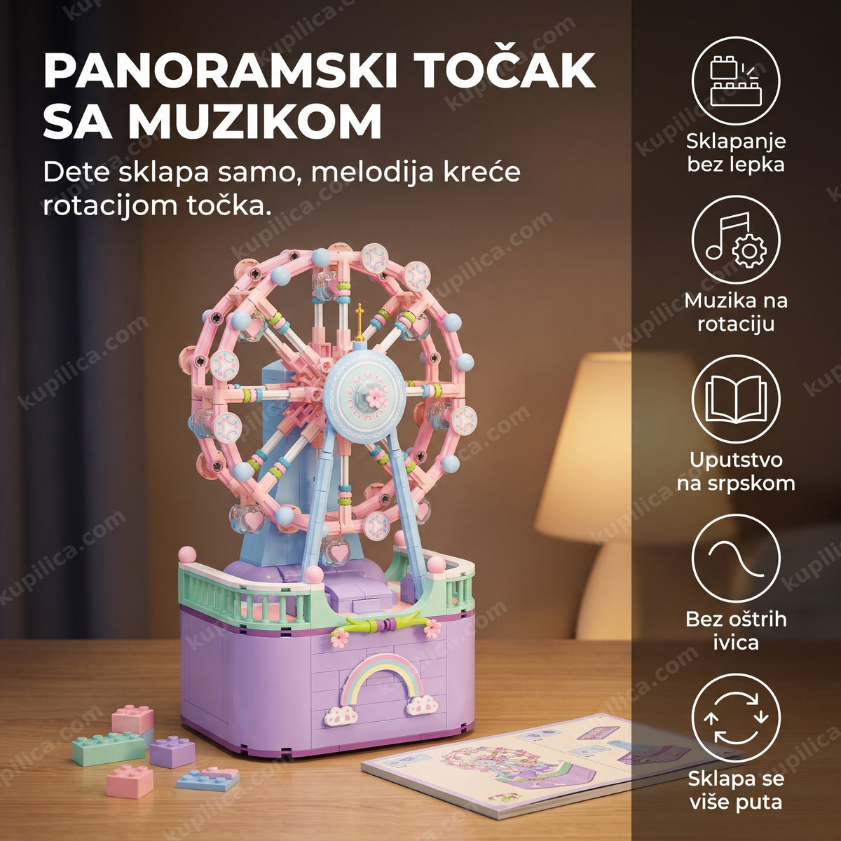 Sastavljen panoramski točak sa muzičkom kutijom na radnom stolu