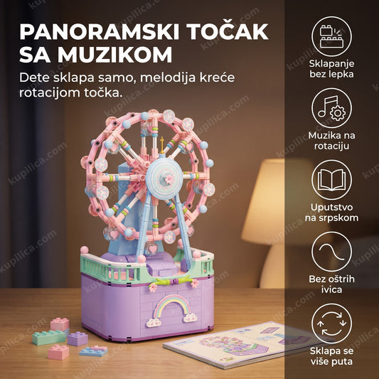 Sastavljen panoramski točak sa muzičkom kutijom na radnom stolu