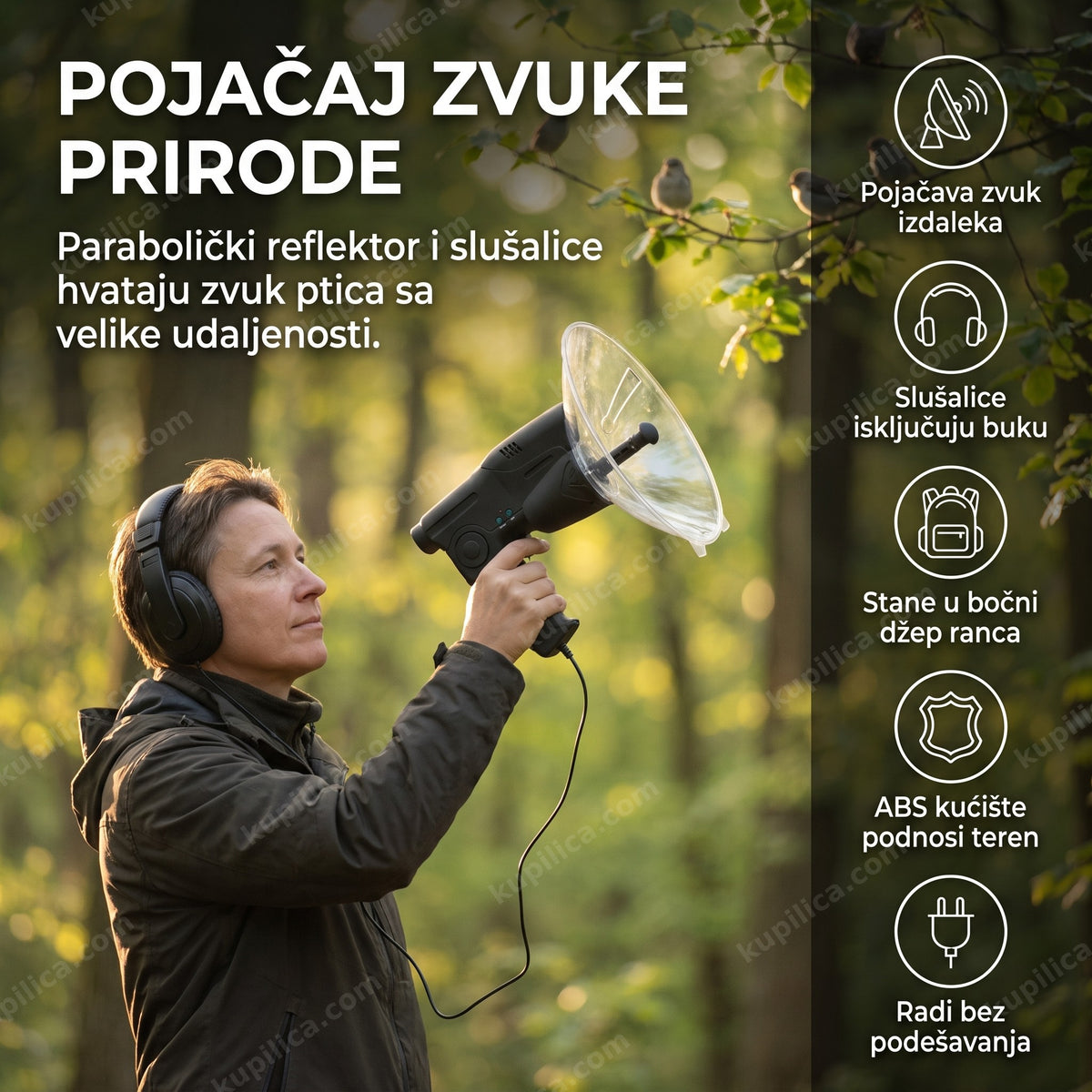 parabolički mikrofon za posmatranje prirode sa slušalicama usmeren ka pticama u šumi, benefiti proizvoda