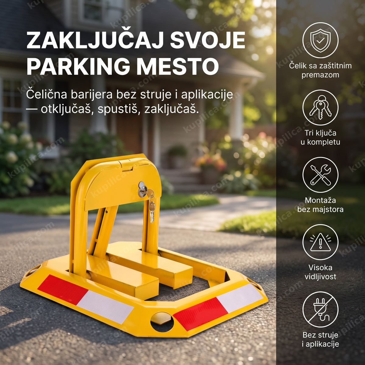 mehanička parking barijera sa bravom i tri ključa na prilazu kuće, benefiti proizvoda