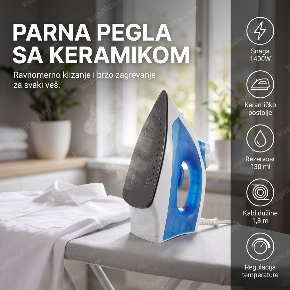 Parna pegla sa keramičkim postoljem ispušta paru na dasci za peglanje