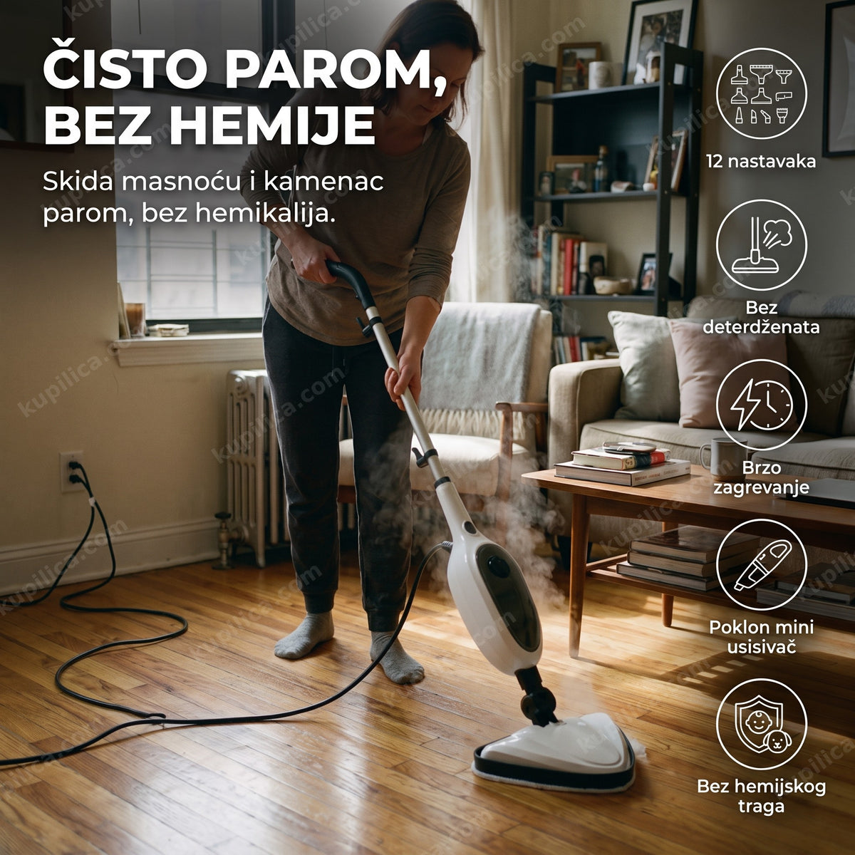 parni čistač sa 12 nastavaka vaporx, žena čisti parket parom u dnevnoj sobi, benefiti proizvoda