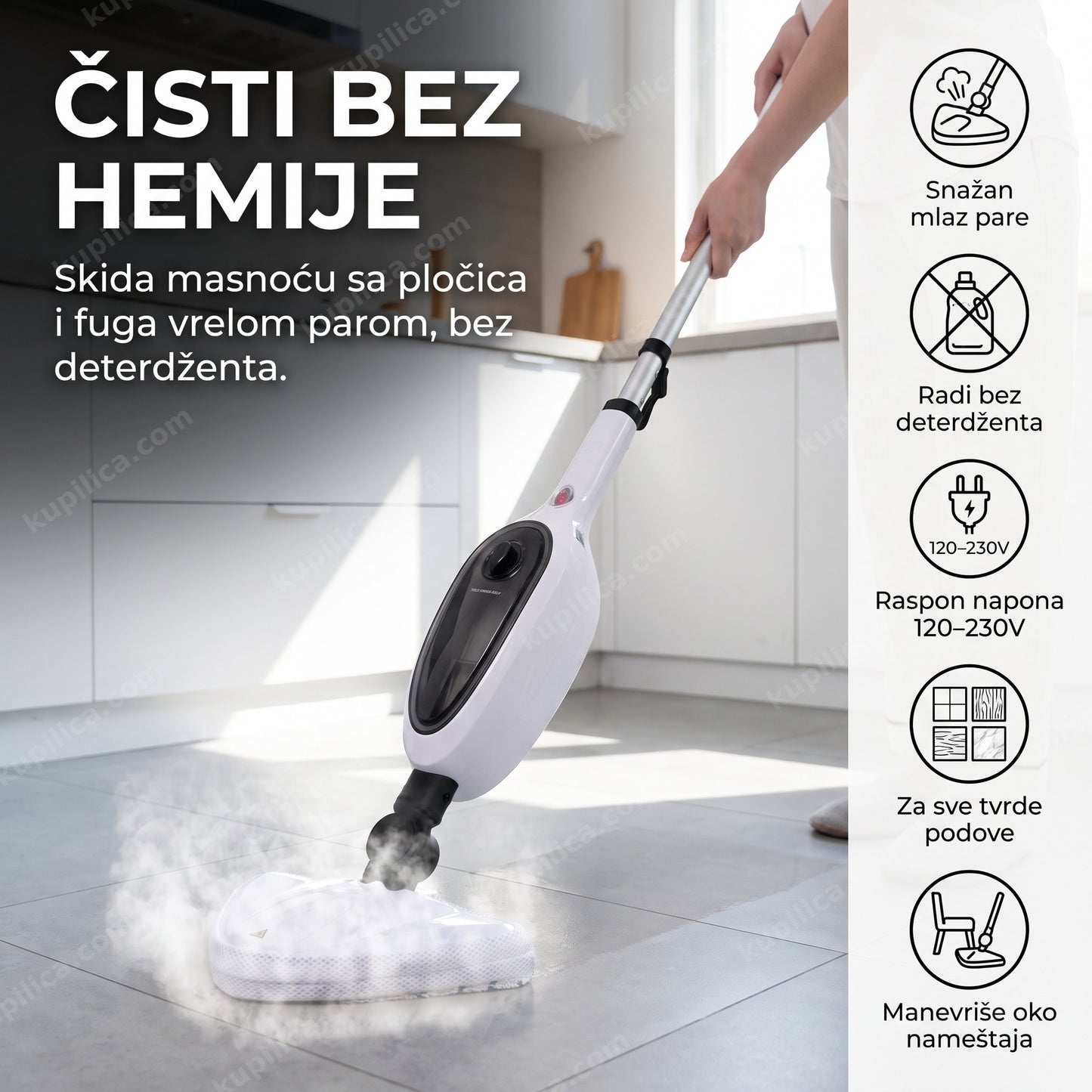 Multifunkcionalni parni mop 1300W za čišćenje pločica, parketa i mermera