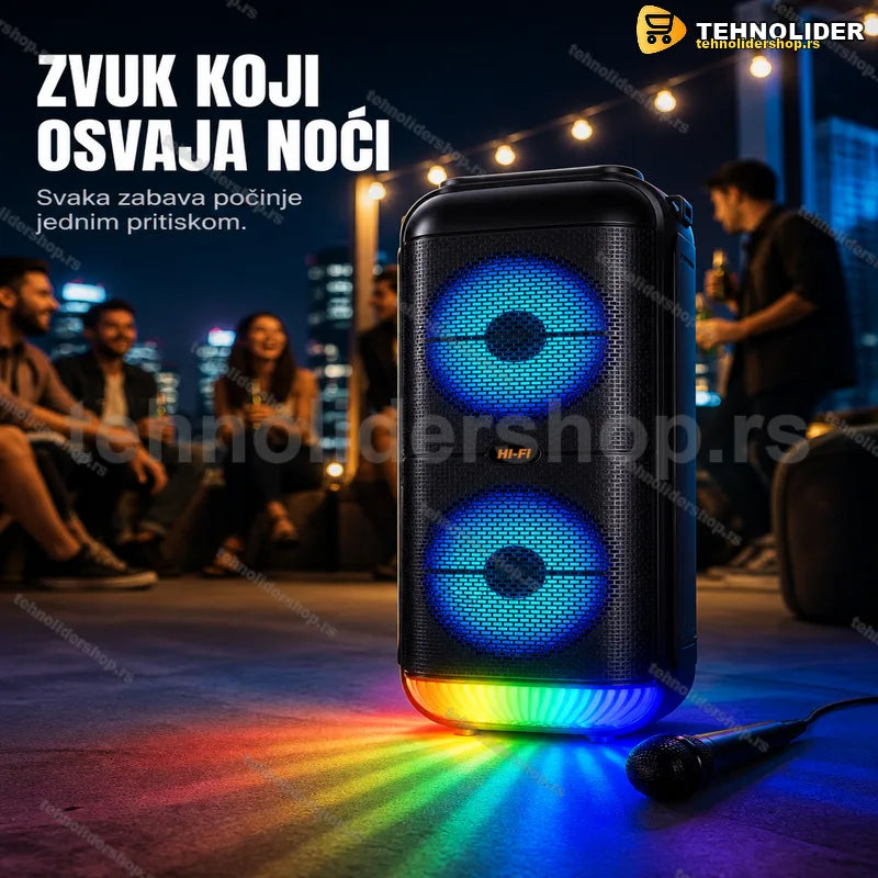 Party zvučnik sa mikrofonom i RGB osvetljenjem — prednja strana sa komandnom pločom