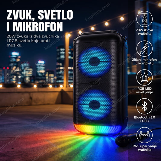 Crni prenosni party zvučnik sa mikrofonom i RGB osvetljenjem noću, benefiti proizvoda