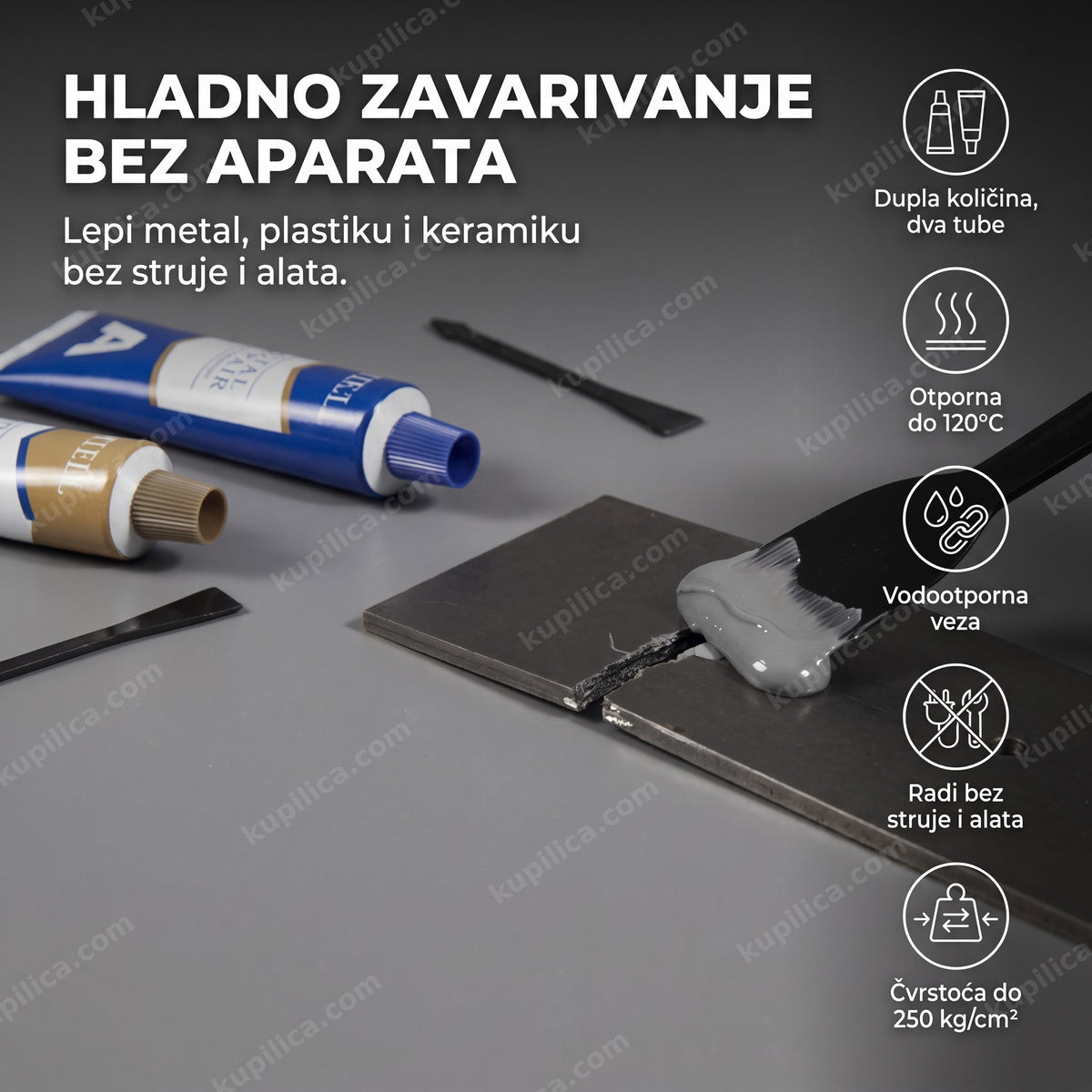 pasta za hladno zavarivanje nanesena na napuklu metalnu cev, prikaz benefiti proizvoda