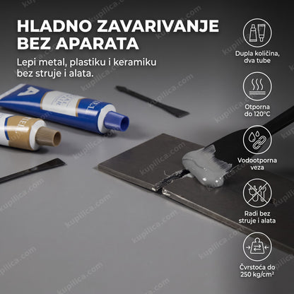 pasta za hladno zavarivanje nanesena na napuklu metalnu cev, prikaz benefiti proizvoda
