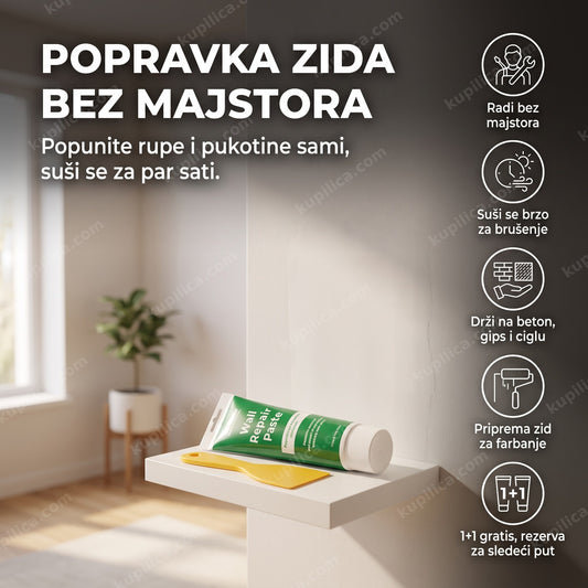 pasta za popravku zidova sa lopaticom pored okrečenog zida, prikaz benefiti proizvoda