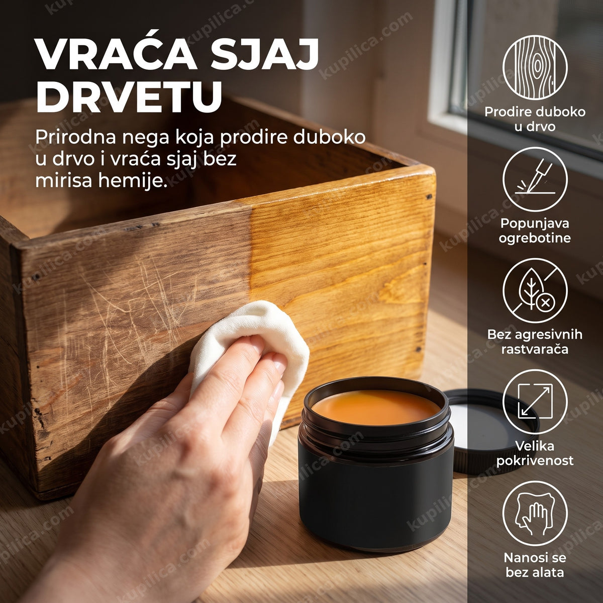 Pčelinji vosak za drvo na uglačanoj drvenoj površini sa vidljivim sjajem, benefiti proizvoda
