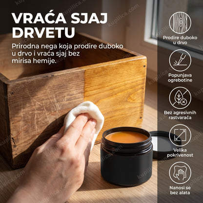 Pčelinji vosak za drvo na uglačanoj drvenoj površini sa vidljivim sjajem, benefiti proizvoda