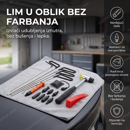 pdr alat sa metalnim šipkama i nastavcima za uklanjanje udubljenja na haubi automobila