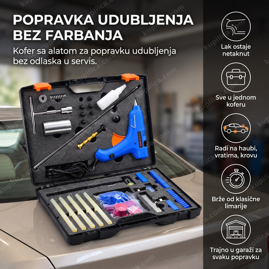 otvoren crni kofer sa pdr kompletom alata za popravku udubljenja na karoseriji