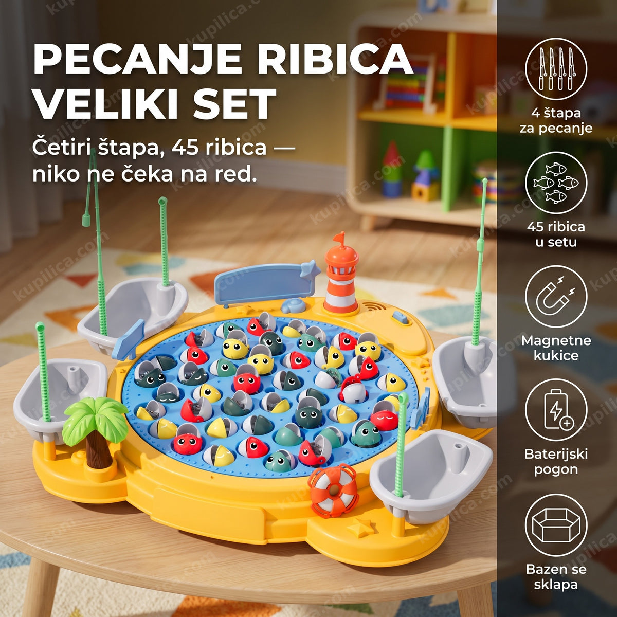 Veliki set za pecanje ribica sa 45 ribica i 4 štapa na stolu u dečjoj sobi, benefiti proizvoda