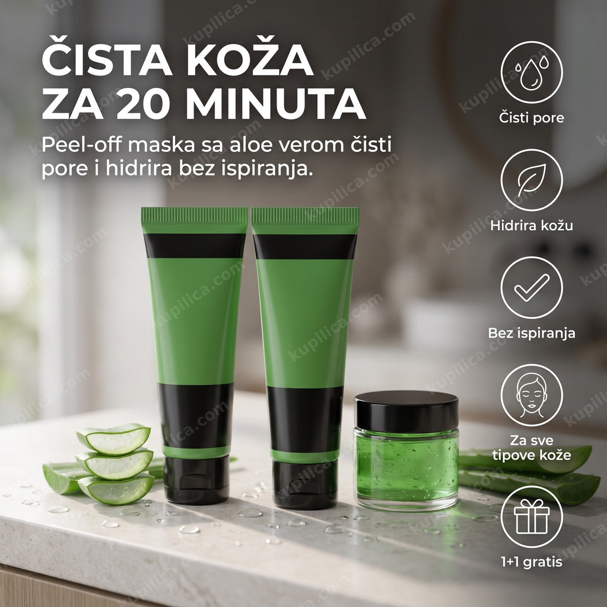 peel off maska sa aloe verom — dva pakovanja i providna teglica sa zelenim gelom