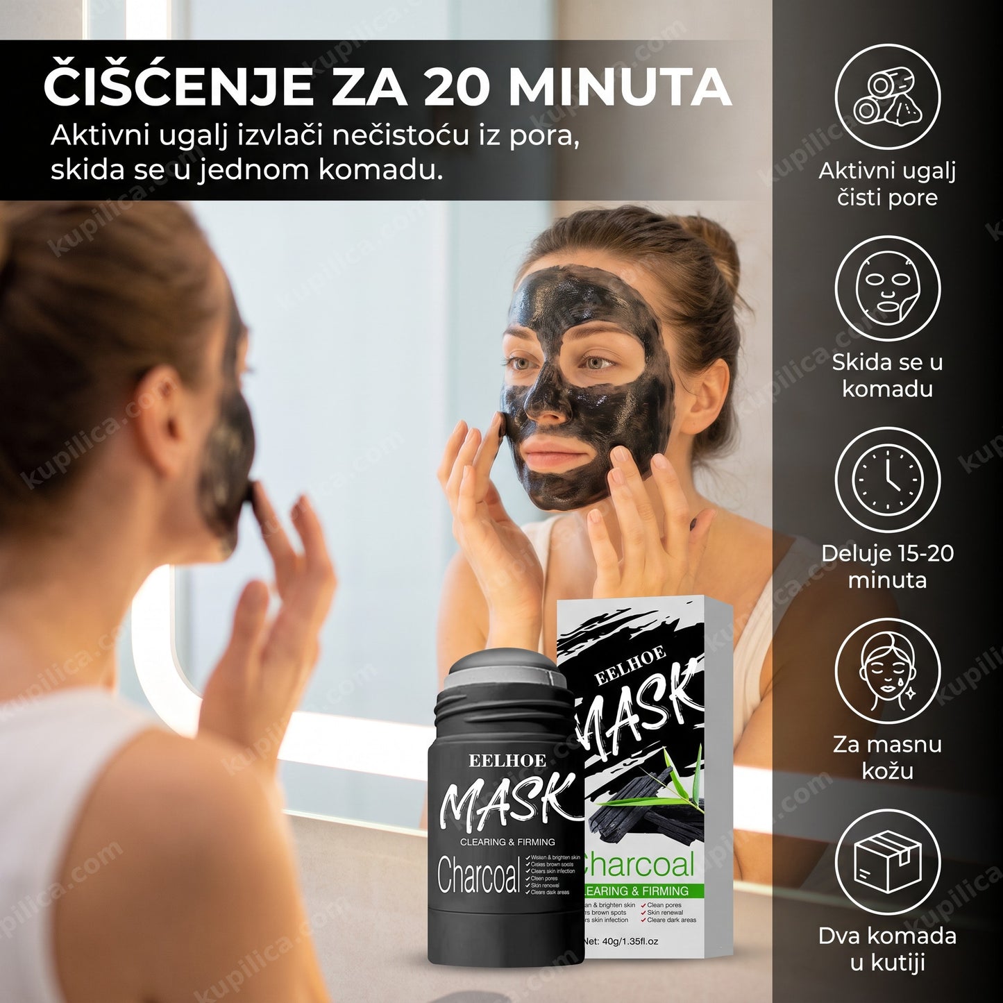 peel-off maska za mitesere — nanošenje crne maske sa aktivnim ugljem na T-zonu lica