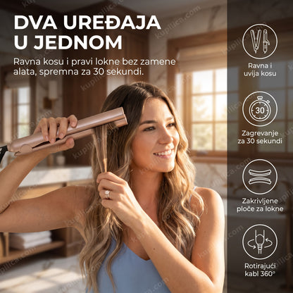 pegla za uvijanje i ravnanje kose 2u1 u upotrebi na kosi, prikazani benefiti proizvoda