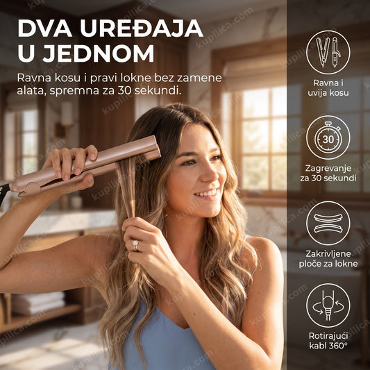 pegla za uvijanje i ravnanje kose 2u1 u upotrebi na kosi, prikazani benefiti proizvoda