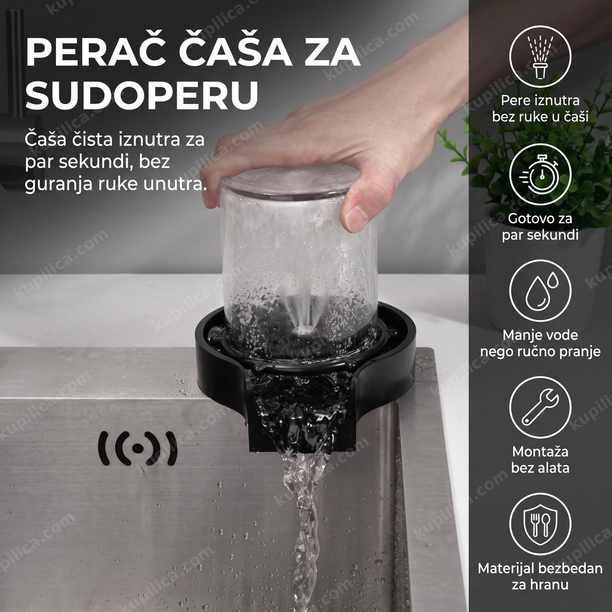 crni automatski perač čaša pričvršćen na sudoperu sa mlazom vode, benefiti proizvoda