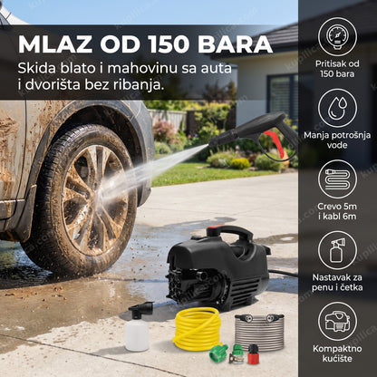 crni perač pod pritiskom za auto i dvorište prska snažnim mlazom vode, benefiti proizvoda