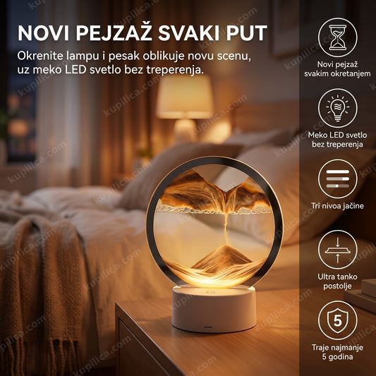 peščana led lampa na noćnom stočiću sa pejzažom od peska u prstenu – benefiti proizvoda