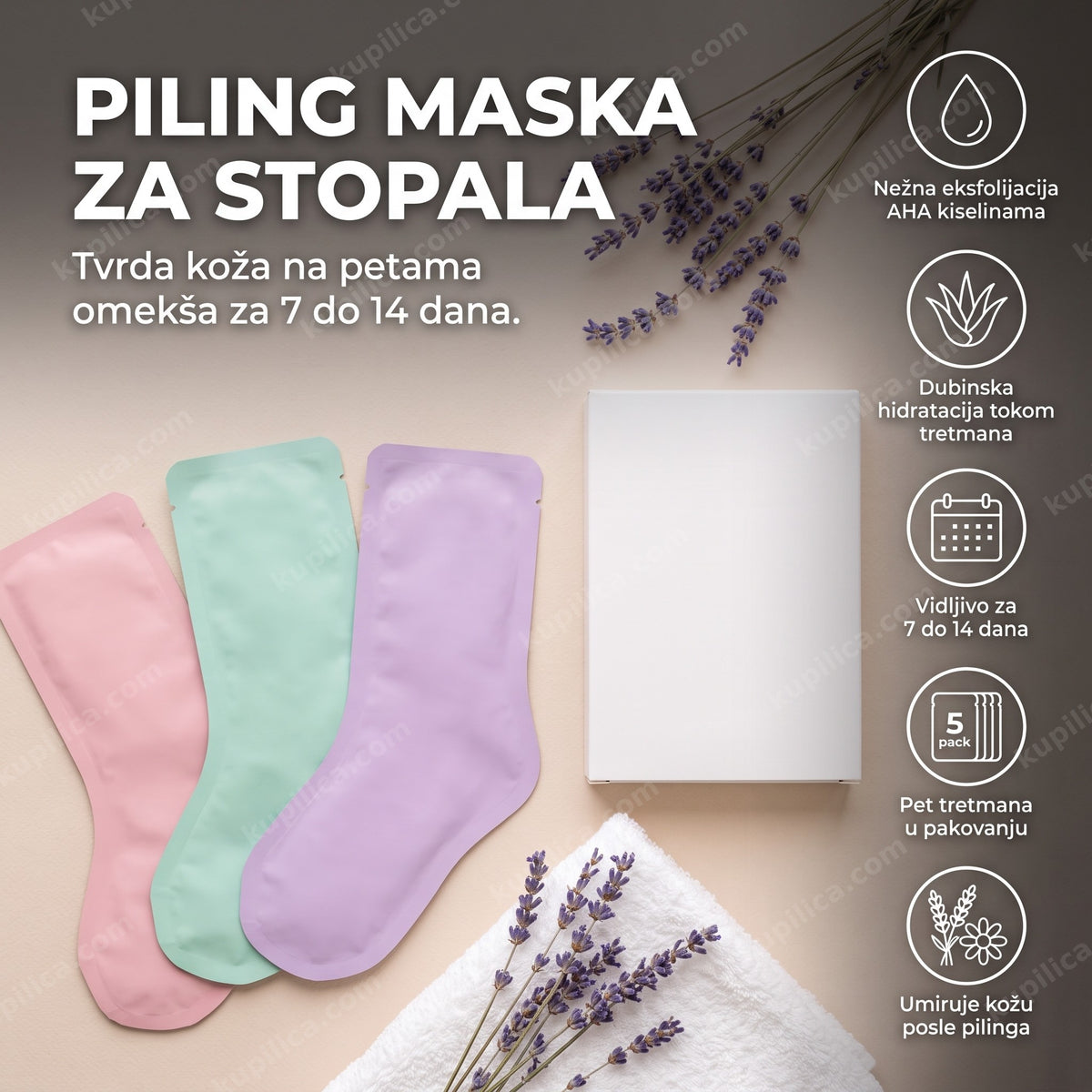 Pastelne čarape-maske za piling stopala i kutija na spa podlozi, benefiti proizvoda