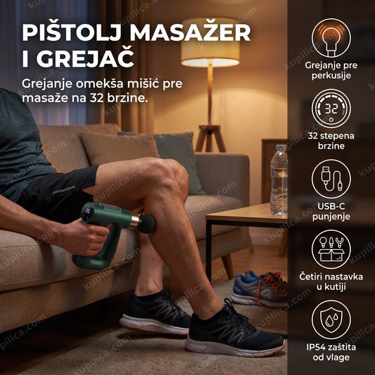 tamnozeleni pištolj masažer i grejač sa LCD ekranom u dnevnoj sobi, benefiti proizvoda