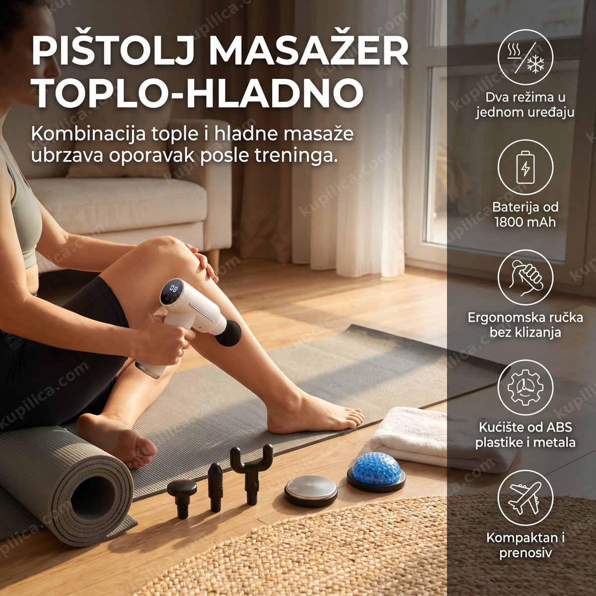 beli pištolj masažer sa toplom i hladnom masažom pored prostirke za jogu, benefiti proizvoda