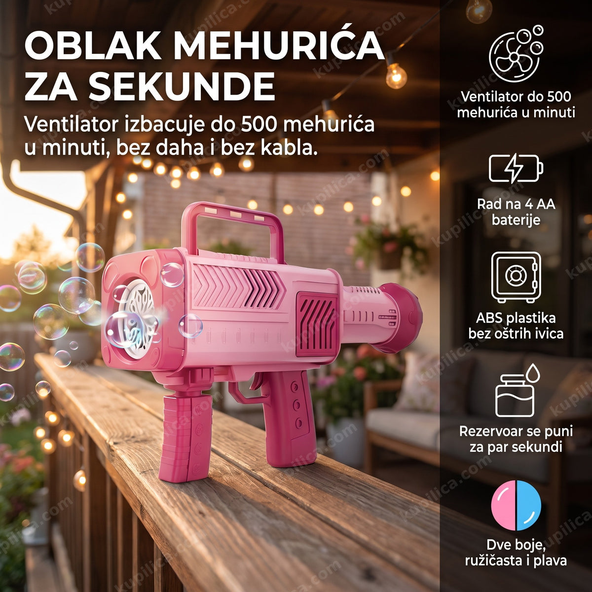 roze pištolj za balončiće sa ventilatorom na terasi uveče među mehurićima, benefiti proizvoda
