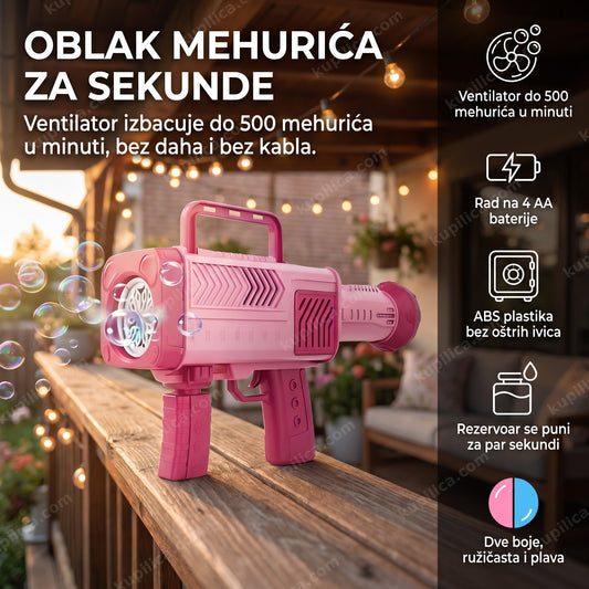 roze pištolj za balončiće sa ventilatorom na terasi uveče među mehurićima, benefiti proizvoda