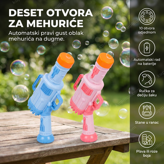 plavi i roze pištolj za balončiće sa 10 otvora okruženi oblakom mehurića u bašti