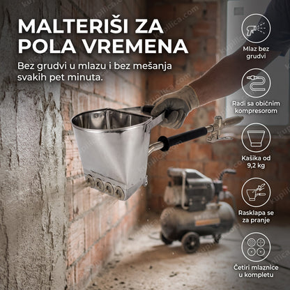 kompresorski pištolj za malterisanje na gradilištu nanosi malter na zid, benefiti proizvoda