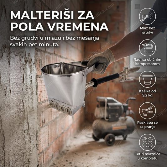 kompresorski pištolj za malterisanje na gradilištu nanosi malter na zid, benefiti proizvoda