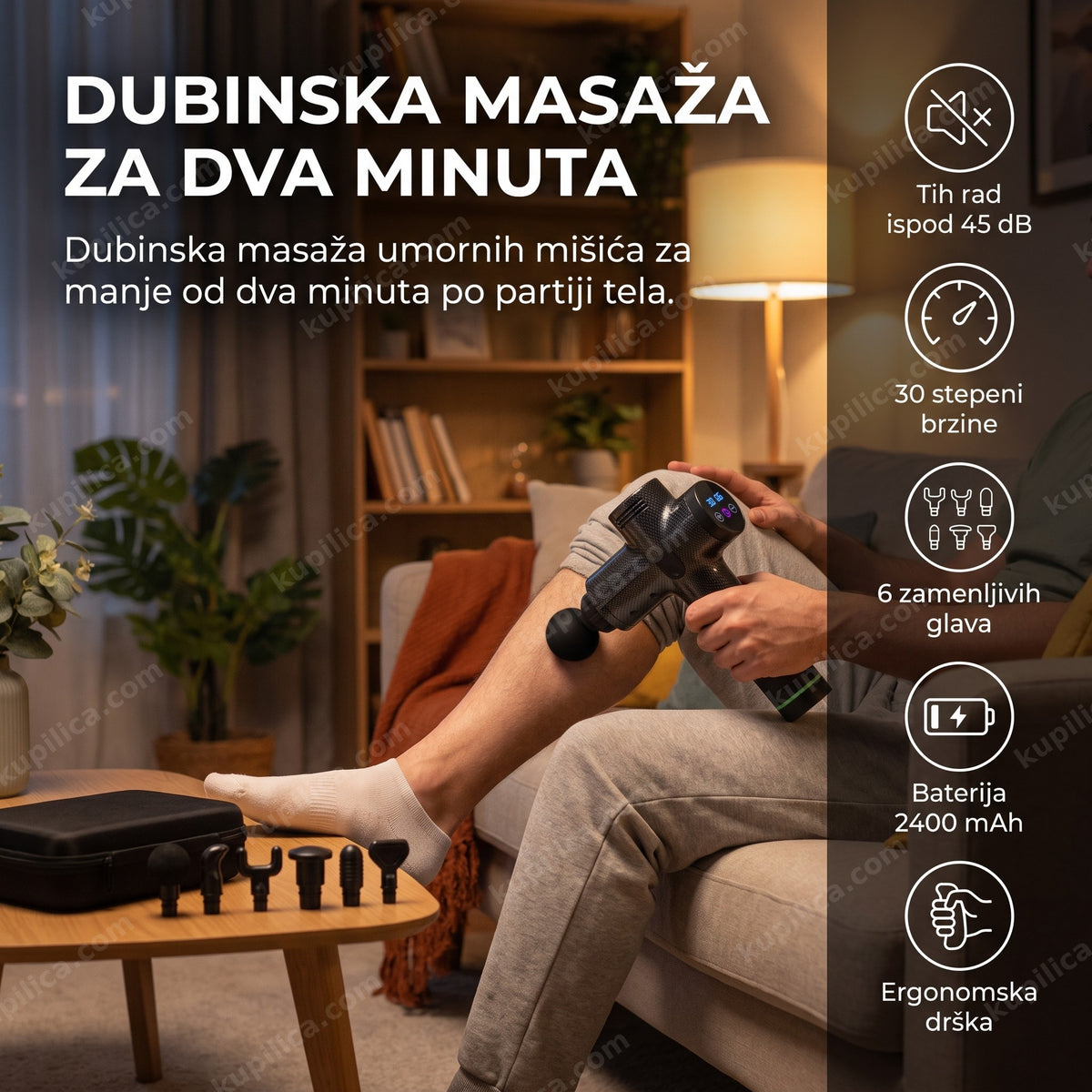 pištolj za masažu carbon u upotrebi na nozi tokom masaže uveče, benefiti proizvoda