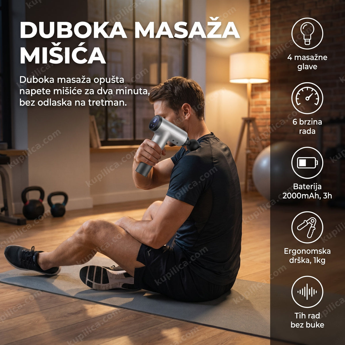 pištolj za masažu mišića u ruci posle treninga u teretani, benefiti proizvoda