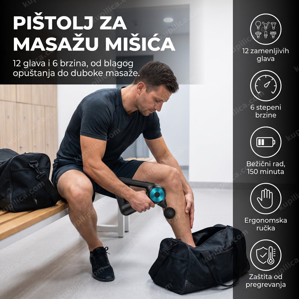 crni pištolj za masažu mišića sa plavim akcentom pored teretanske torbe, benefiti proizvoda