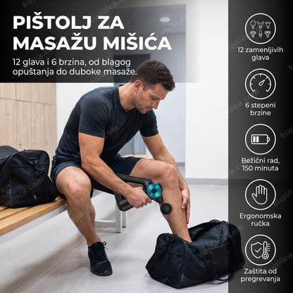 crni pištolj za masažu mišića sa plavim akcentom pored teretanske torbe, benefiti proizvoda